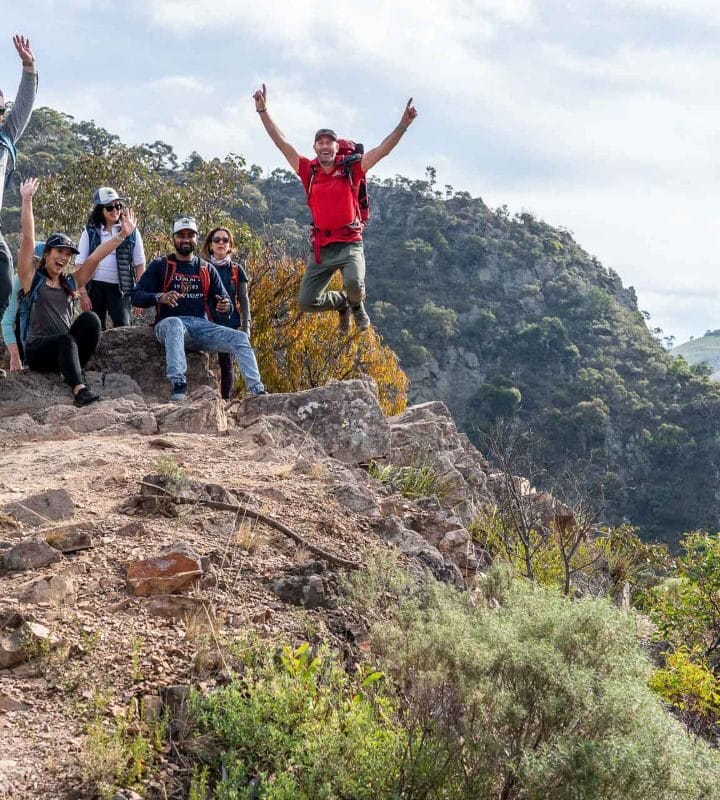 Group celebrating on a mountain edge.