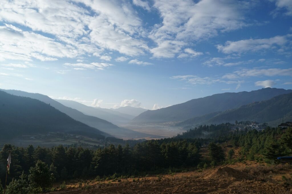 Phobjikha Valley landscape with mountains and forest, Bhutan