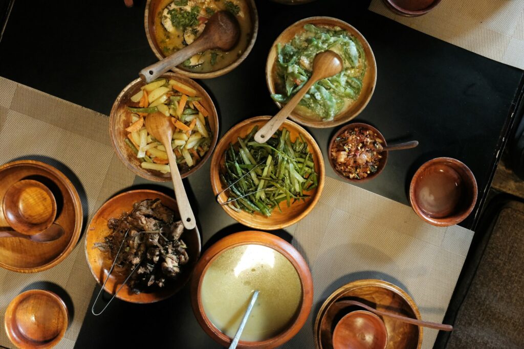Traditional Bhutanese meal served in wooden bowls