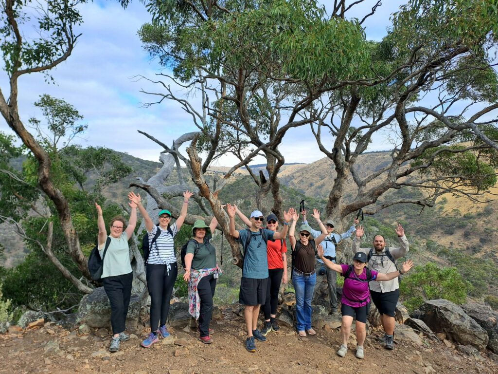 Group of hikers celebrating outdoors.