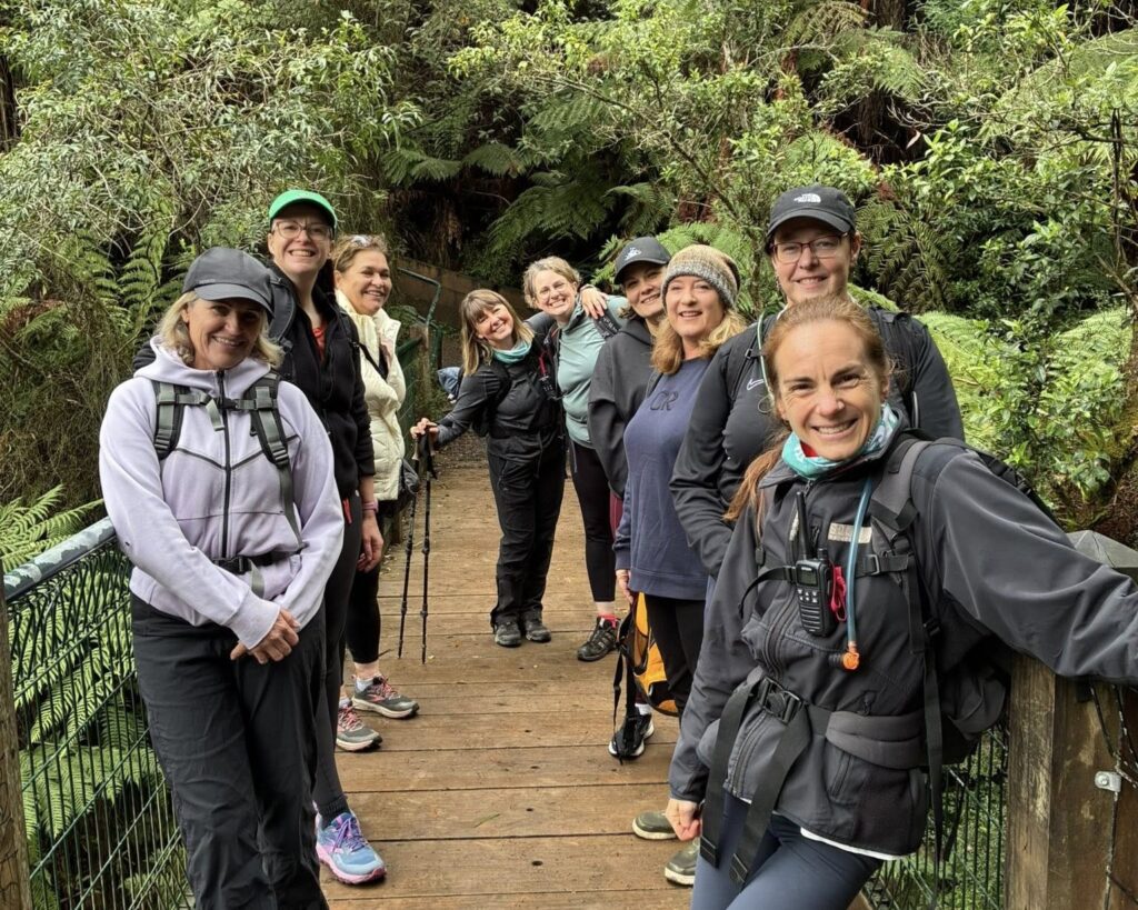 Group of hikers on wooden bridge