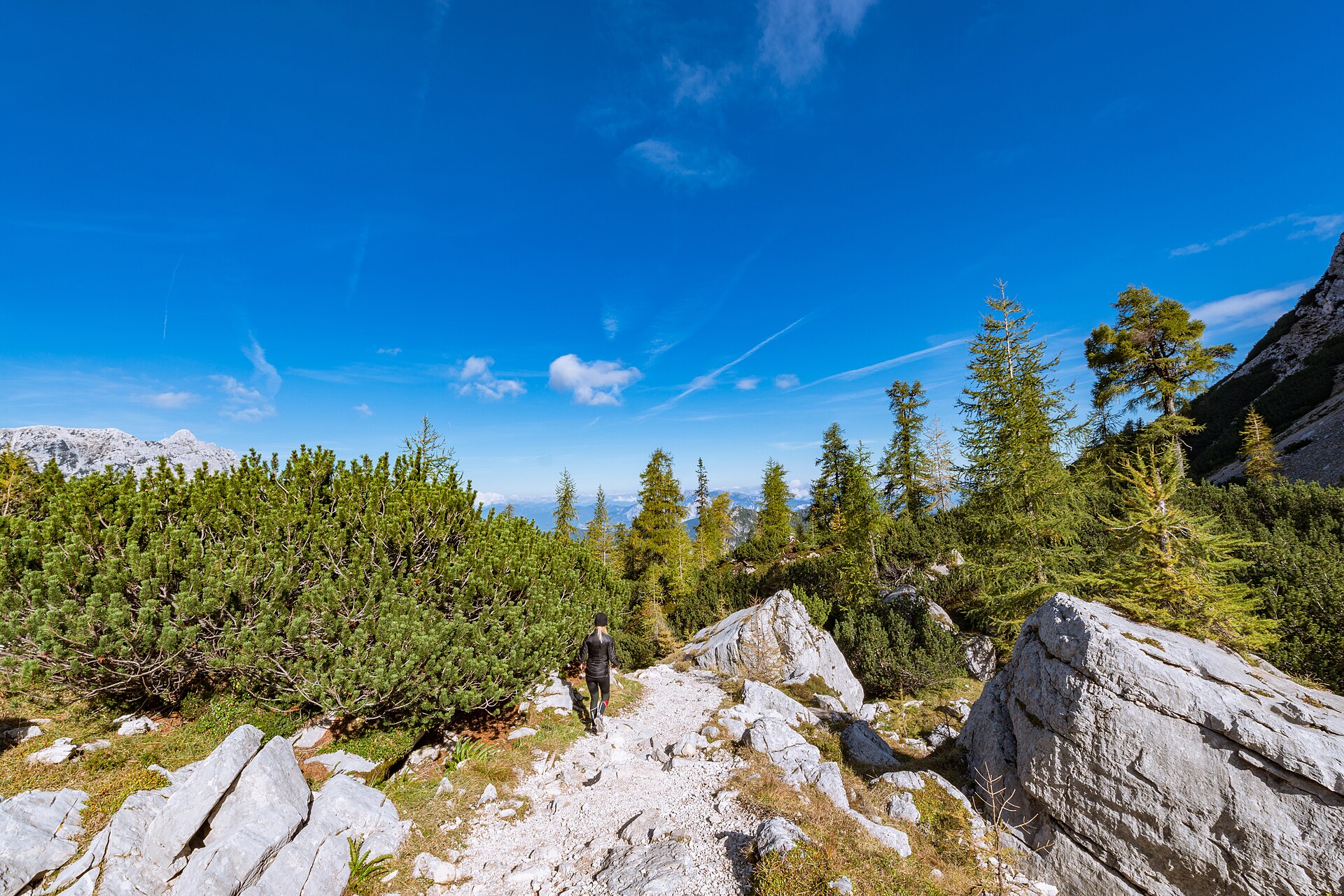 Walker on the rocky trail to Slemenova Spica, Julian Alps